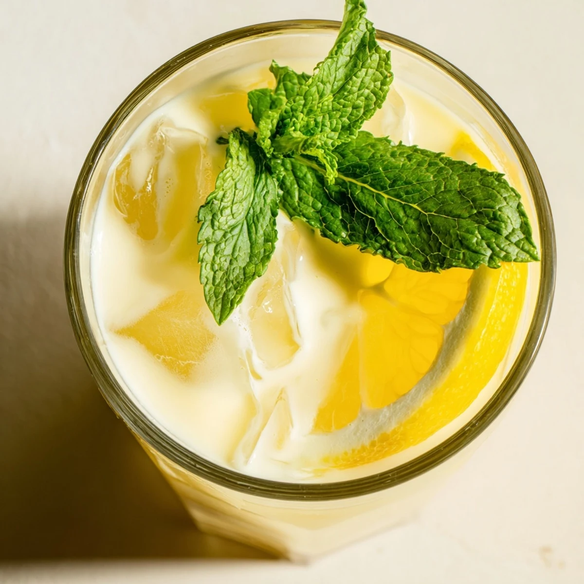 The creamy lemonade drink pours smoothly, its pale yellow color swirling into chilled ice cubes.
