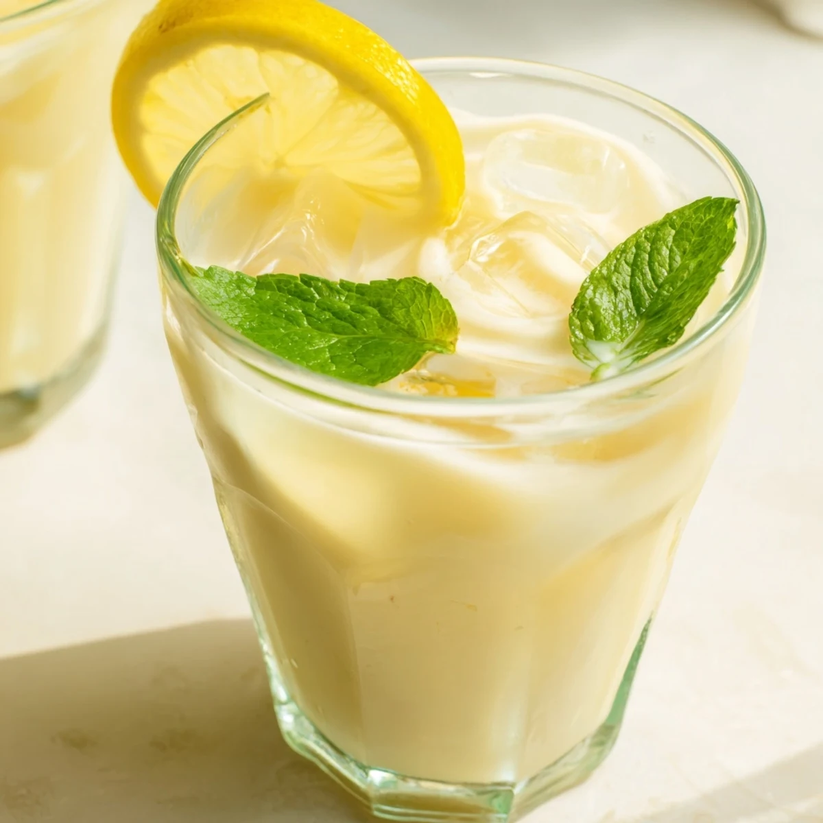 Homemade creamy lemonade drink rests beside fresh lemon wedges and mint sprigs on a rustic table.