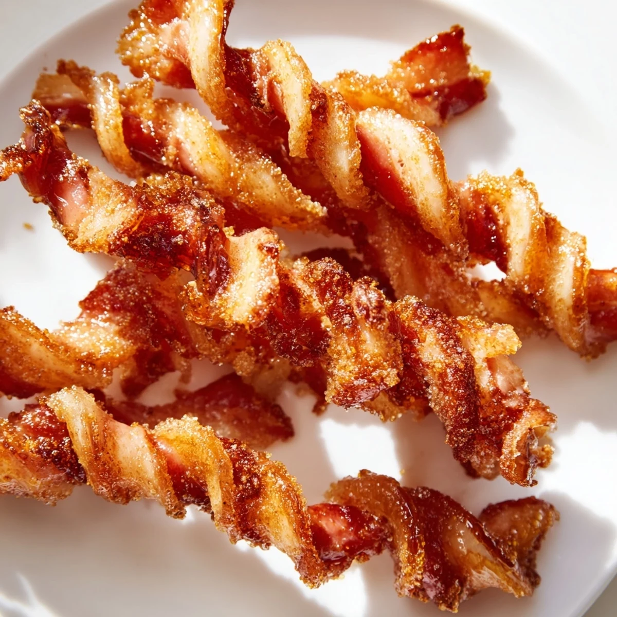Golden brown Spiced Bacon Twists, caramelized with cinnamon and sugar, piled high on a white plate for brunch.