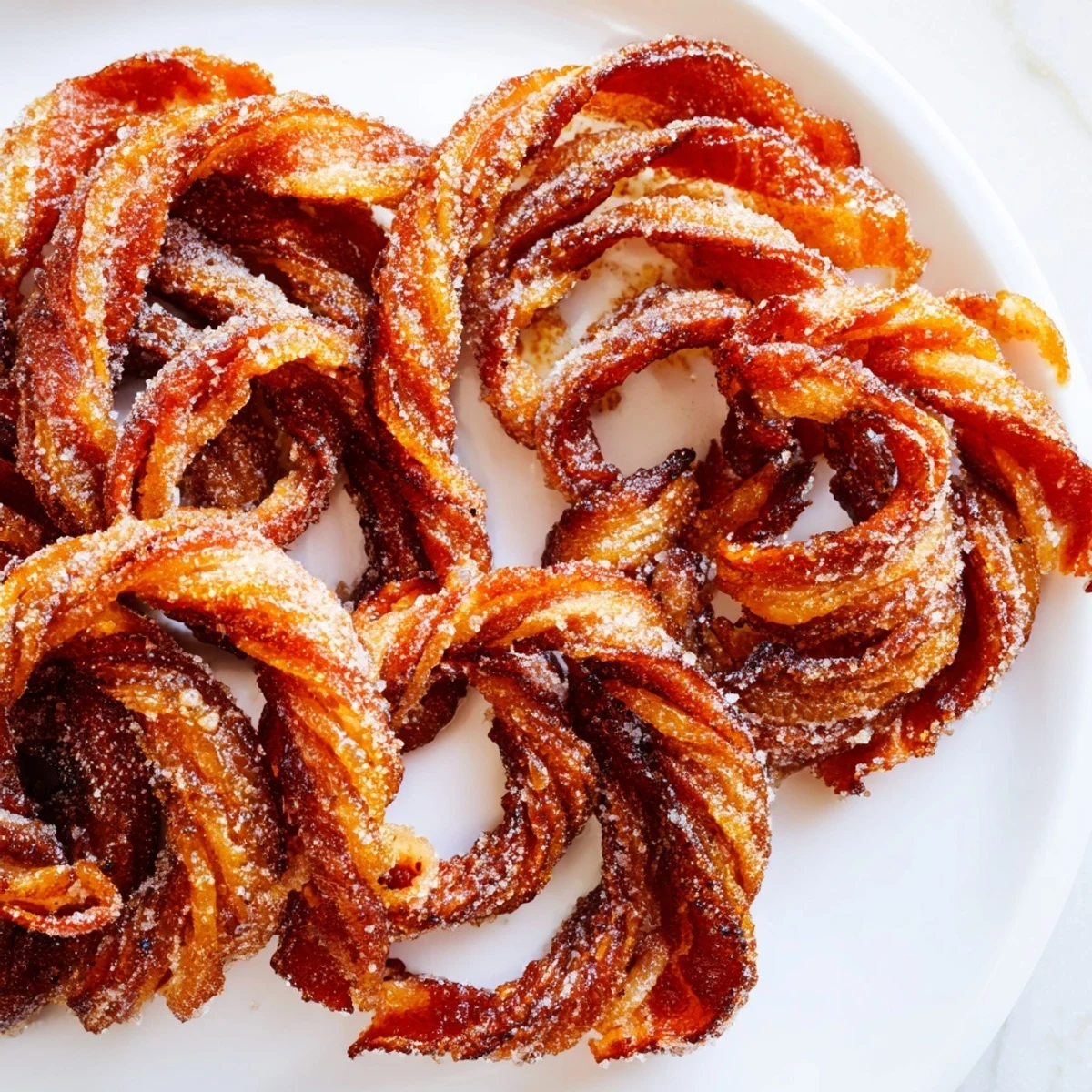 Savory Spiced Bacon Twists glazed with brown sugar and cayenne, cooling on a wire rack after baking.