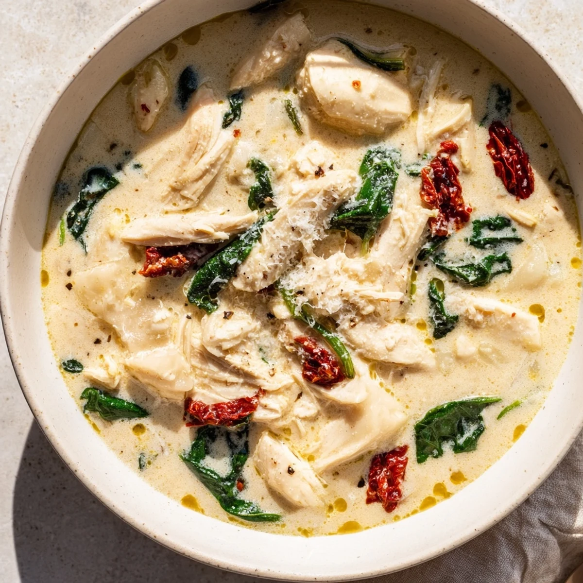 Warm and creamy Tuscan chicken soup in a rustic bowl, featuring shredded chicken, spinach, and a swirl of heavy cream.