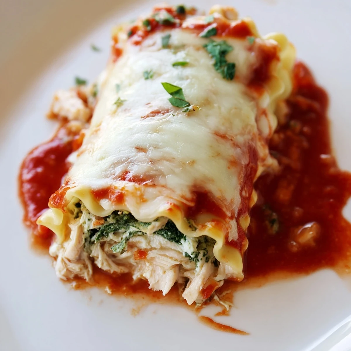 Golden-brown Chicken and Spinach Lasagna Rolls bake in marinara sauce, with melted mozzarella and fresh parsley garnish.  