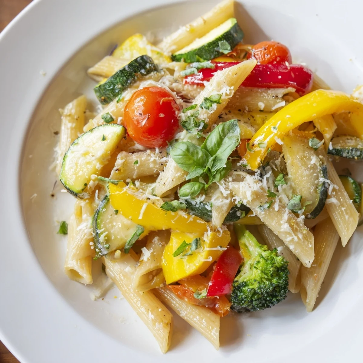 A steaming skillet of Pasta Primavera with vibrant roasted vegetables, garlic, and olive oil, ready to serve as a comforting Italian-inspired main dish.  