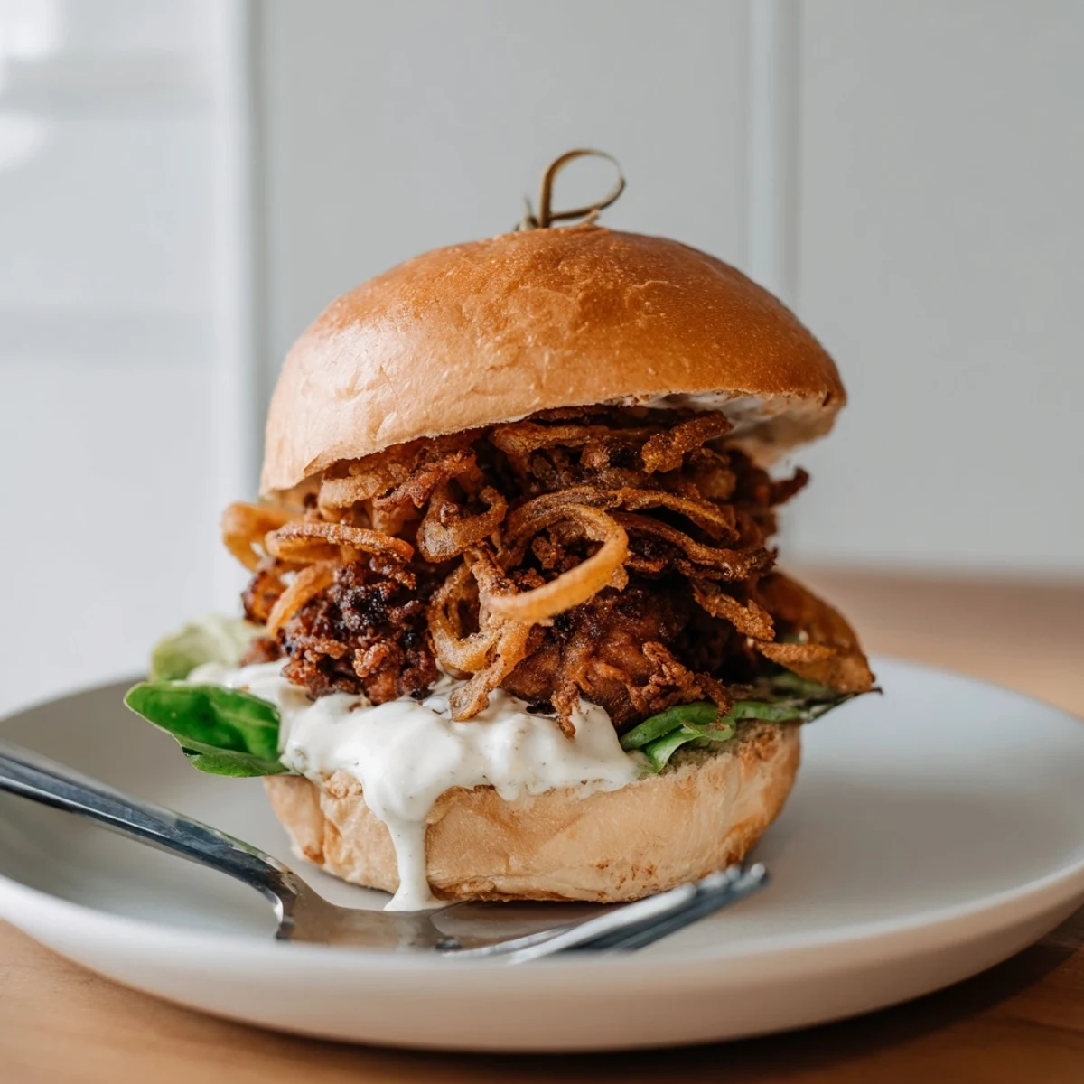 A juicy Crispy Onion Chicken Sandwich stacked with crispy fried onions and fresh lettuce.  