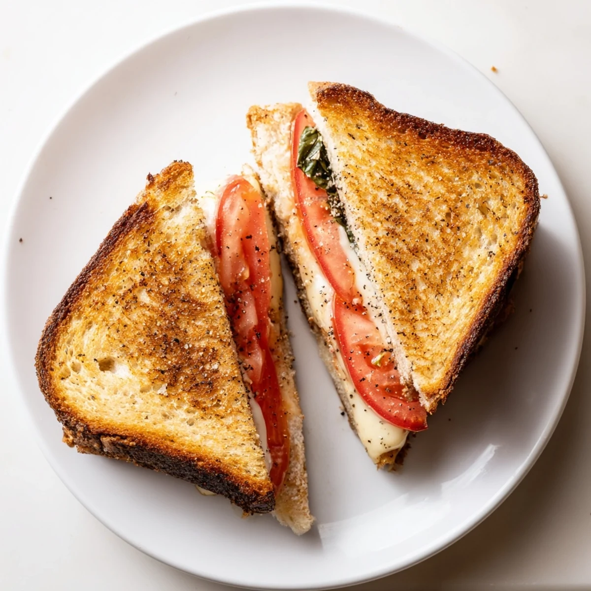 Golden-brown Tomato Basil Grilled Cheese sandwiches on a rustic plate, with melted mozzarella oozing from the crispy sourdough.  
