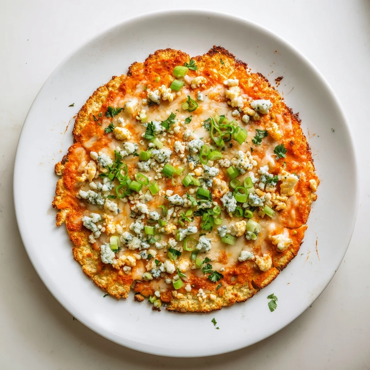 A slice of Buffalo Cauliflower Pizza rests on a wooden board beside celery sticks and a small ramekin of ranch.  
