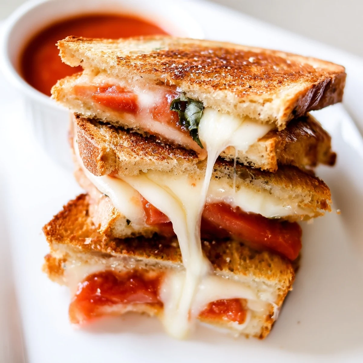 Golden-brown Caprese Grilled Cheese Dippers ooze melted mozzarella, layered with fresh tomato and basil, ready for dipping in warm marinara.