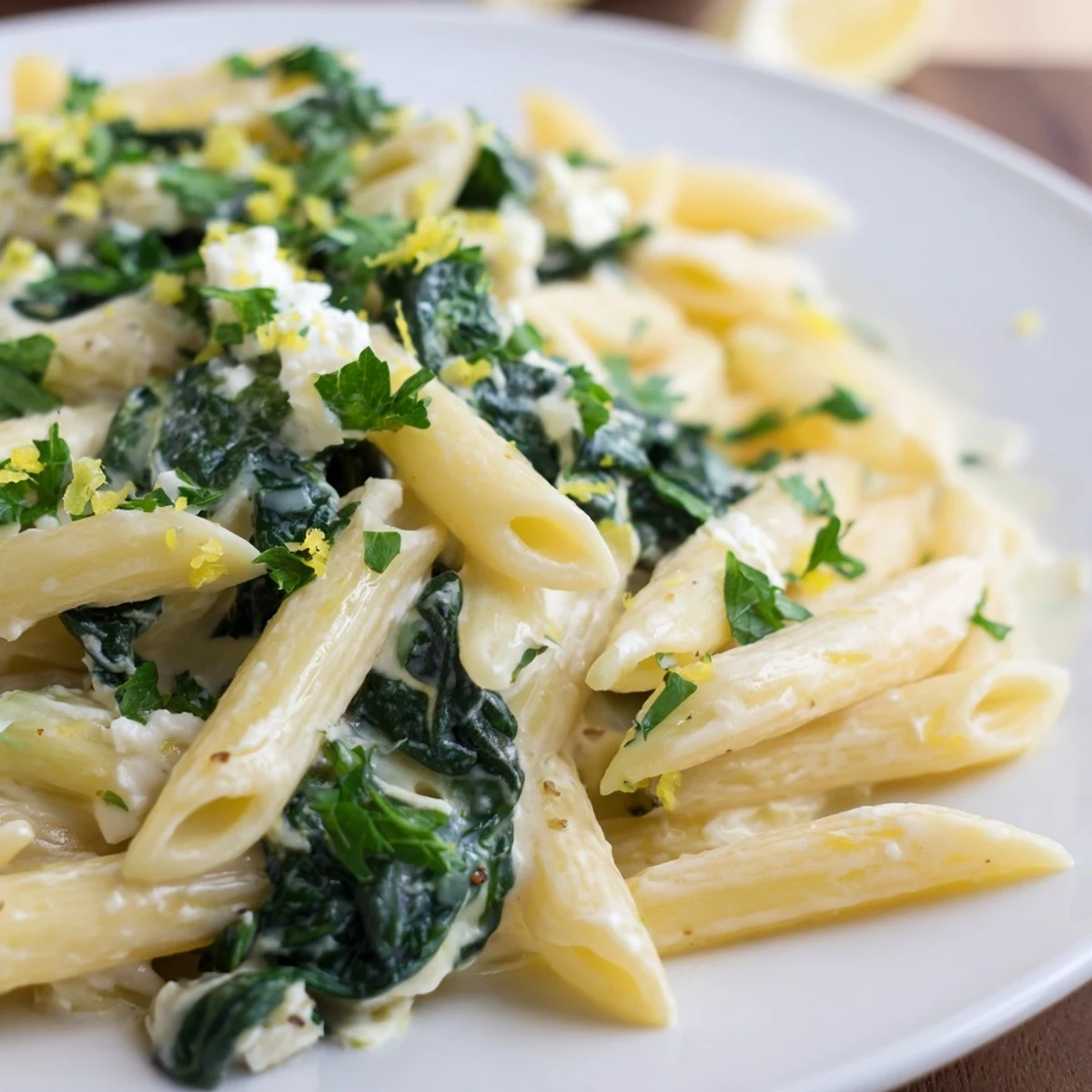 Creamy Feta Spinach Pasta served in a white bowl, featuring penne noodles coated in a velvety white sauce with wilted greens and crumbled cheese.