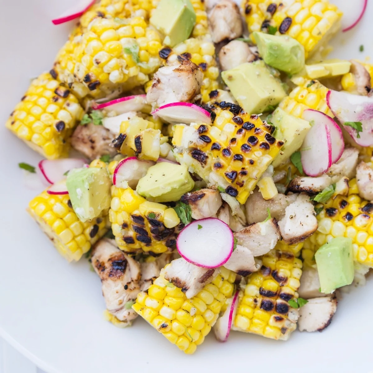 Colorful chopped salad with smoky roasted corn, tender chicken, cherry tomatoes, and avocado tossed in tangy lime dressing.