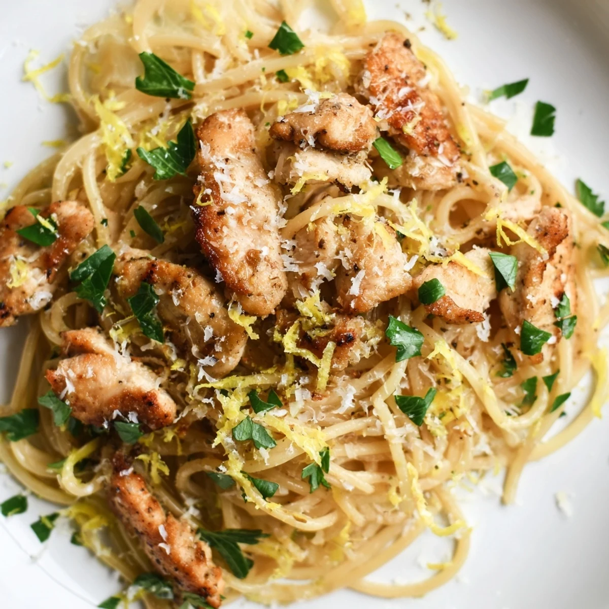 Golden brown chicken strips nestled in spaghetti tossed with nutty brown butter, bright lemon zest, and fresh parsley garnish.