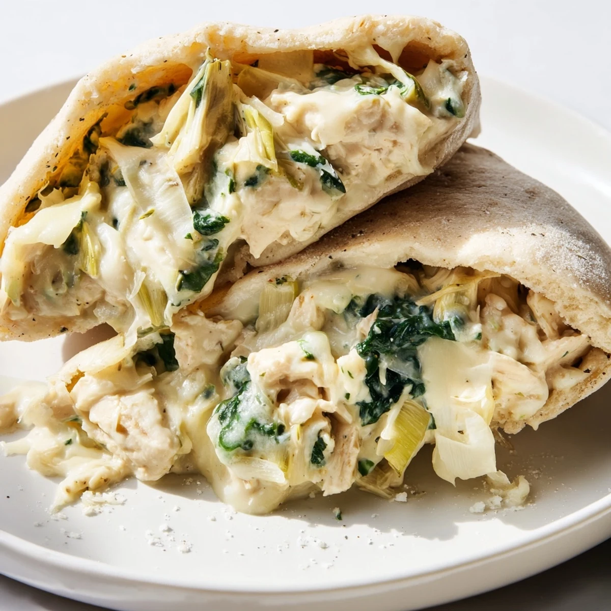 Golden-brown baked pita pockets stuffed with creamy spinach artichoke chicken and melted cheese, served on a rustic plate.  