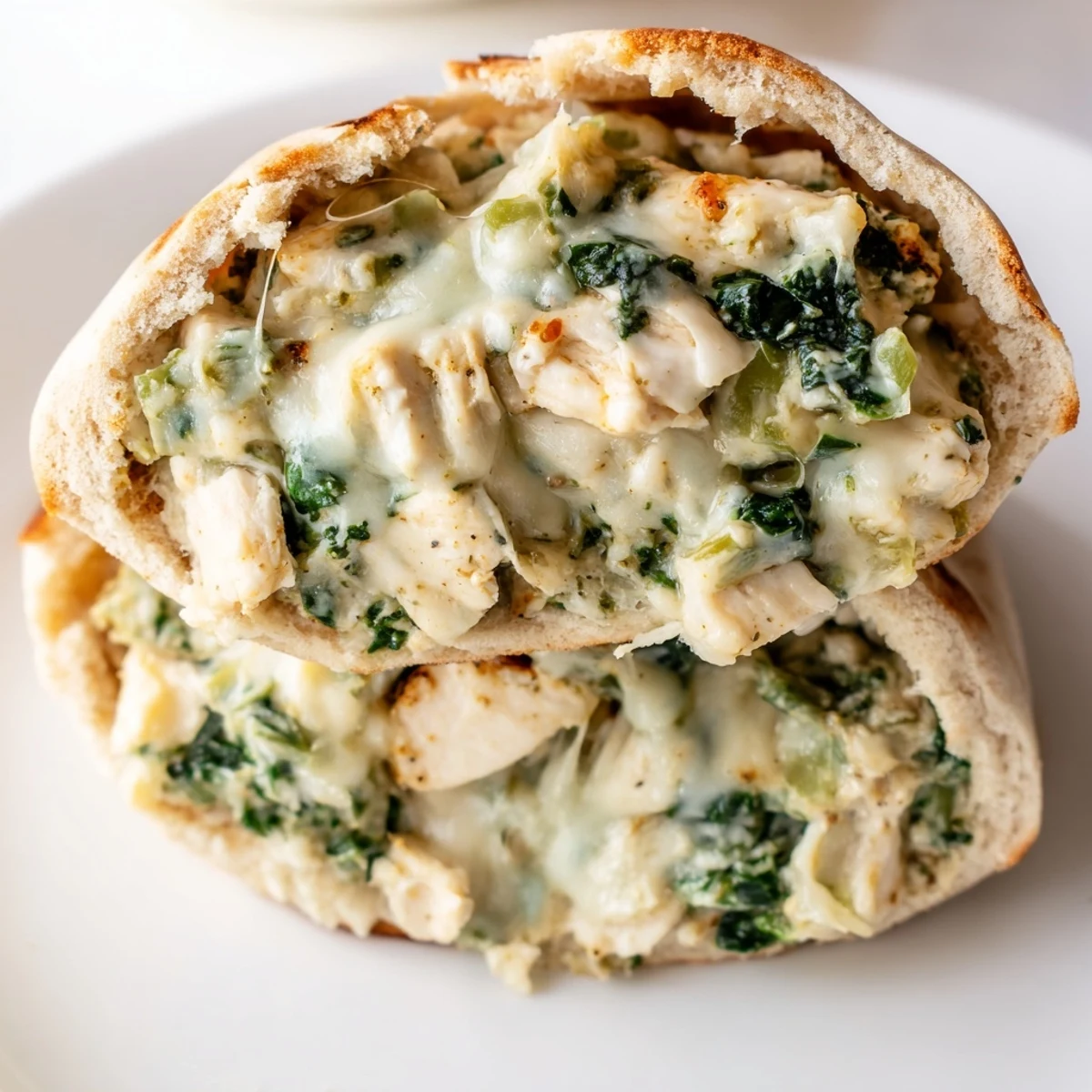Warm spinach artichoke chicken stuffed pita pockets, with a vibrant green filling and fresh parsley garnish.  