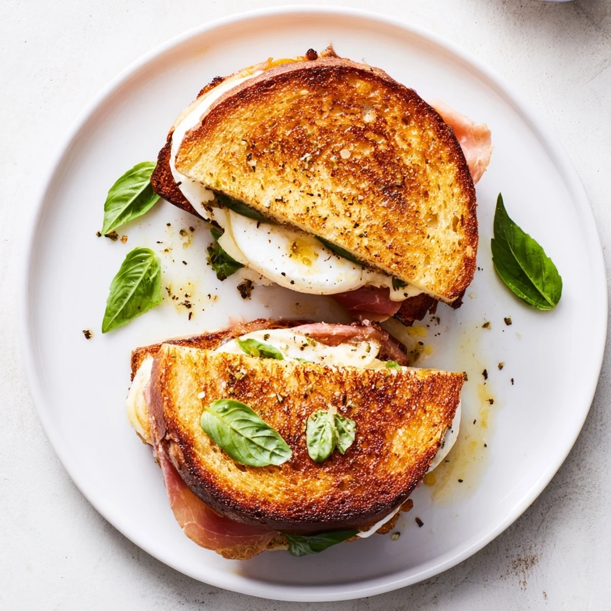 Golden, buttery sourdough slices sandwiching melted burrata and crispy prosciutto on a plate.  