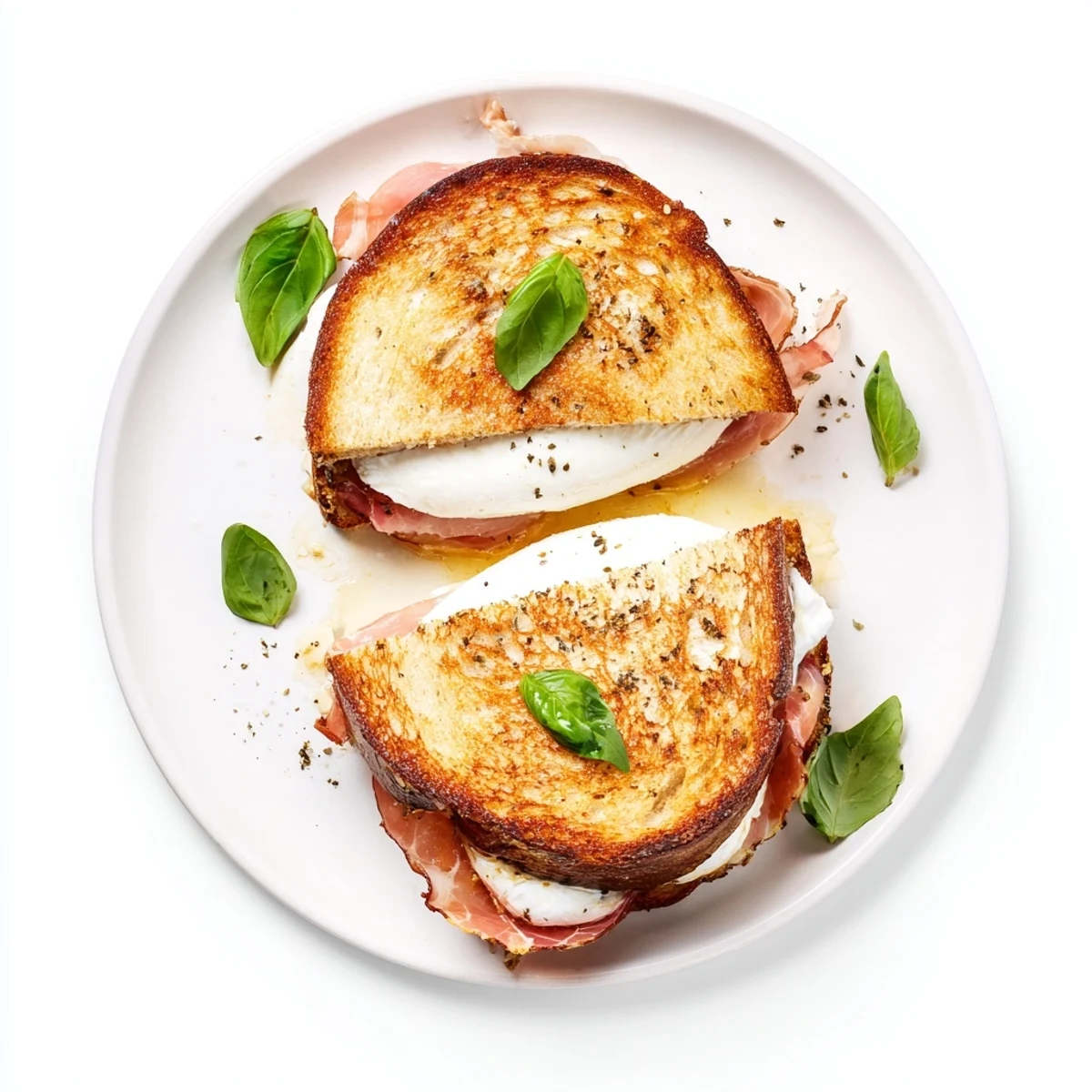 Crunchy prosciutto and creamy burrata layered inside golden grilled cheese sandwiches.  