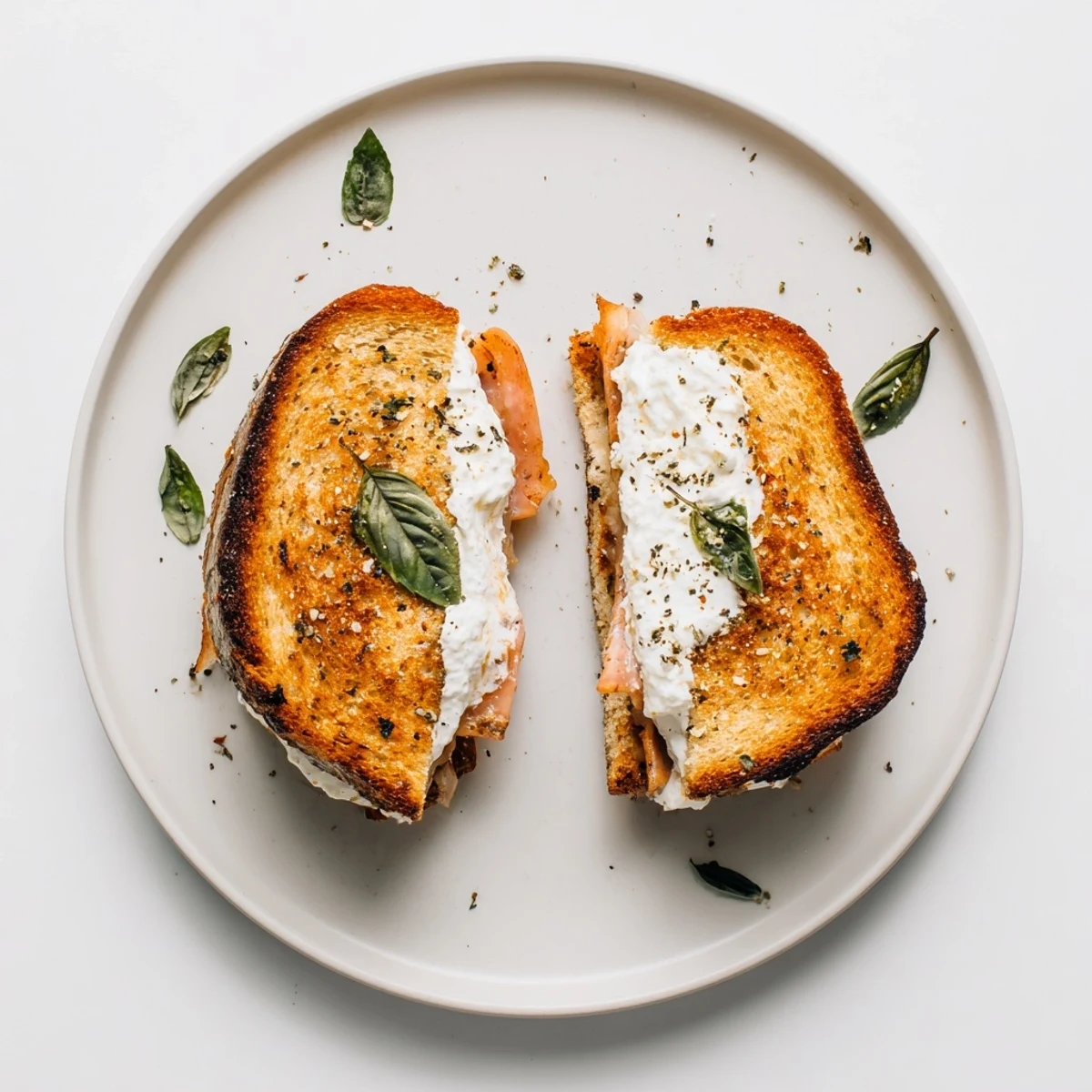 Fresh basil and melted burrata peeking from a buttery, crispy grilled cheese.