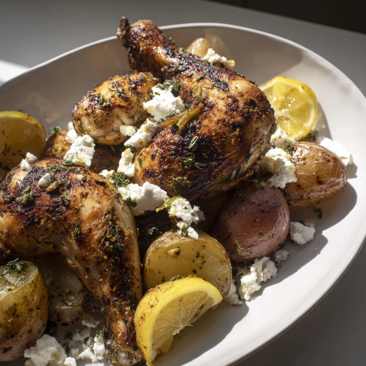 A close-up of golden Roasted Chicken with Pot Potatoes, Lemon Herbs, and Feta, garnished with fresh dill and lemon wedges on a rustic table.