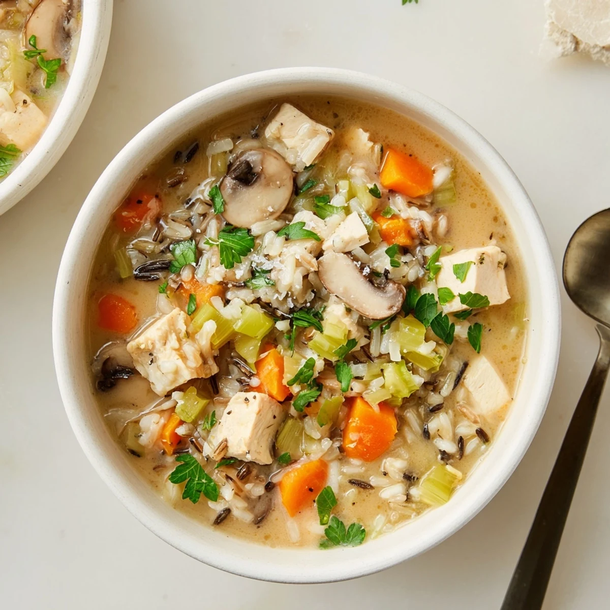 Creamy Parmesan Mushroom Chicken and Wild Rice Soup steaming in a rustic bowl with a cheese garnish and fresh parsley.