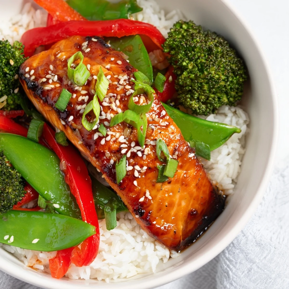 Golden-brown Maple Soy Glazed Salmon fillets with a glossy glaze, served over fluffy white rice and vibrant steamed vegetables like broccoli and snap peas.