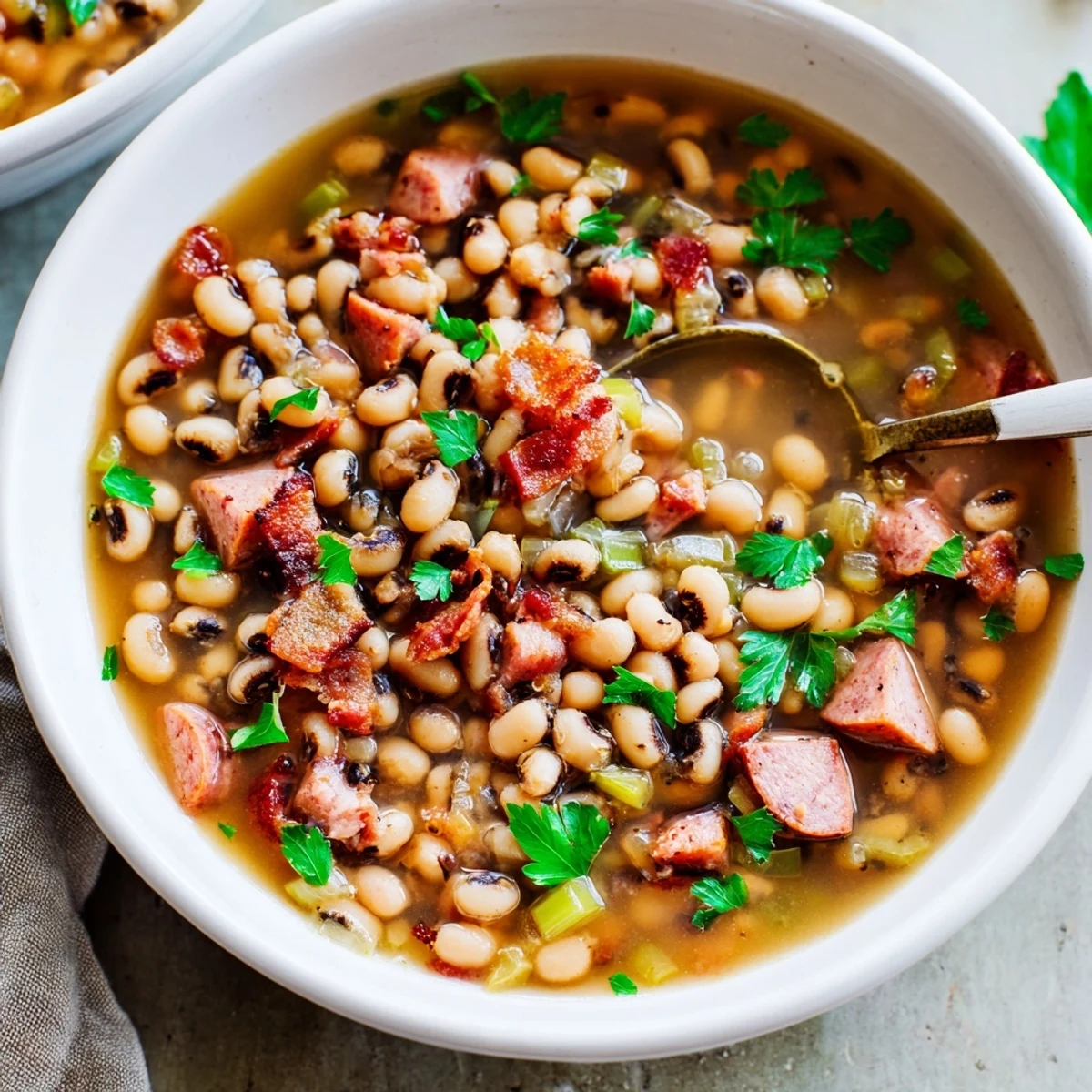 Bowl of Southern-Style Black-Eyed Peas with smoked sausage, served steaming hot over white rice and garnished with fresh parsley.