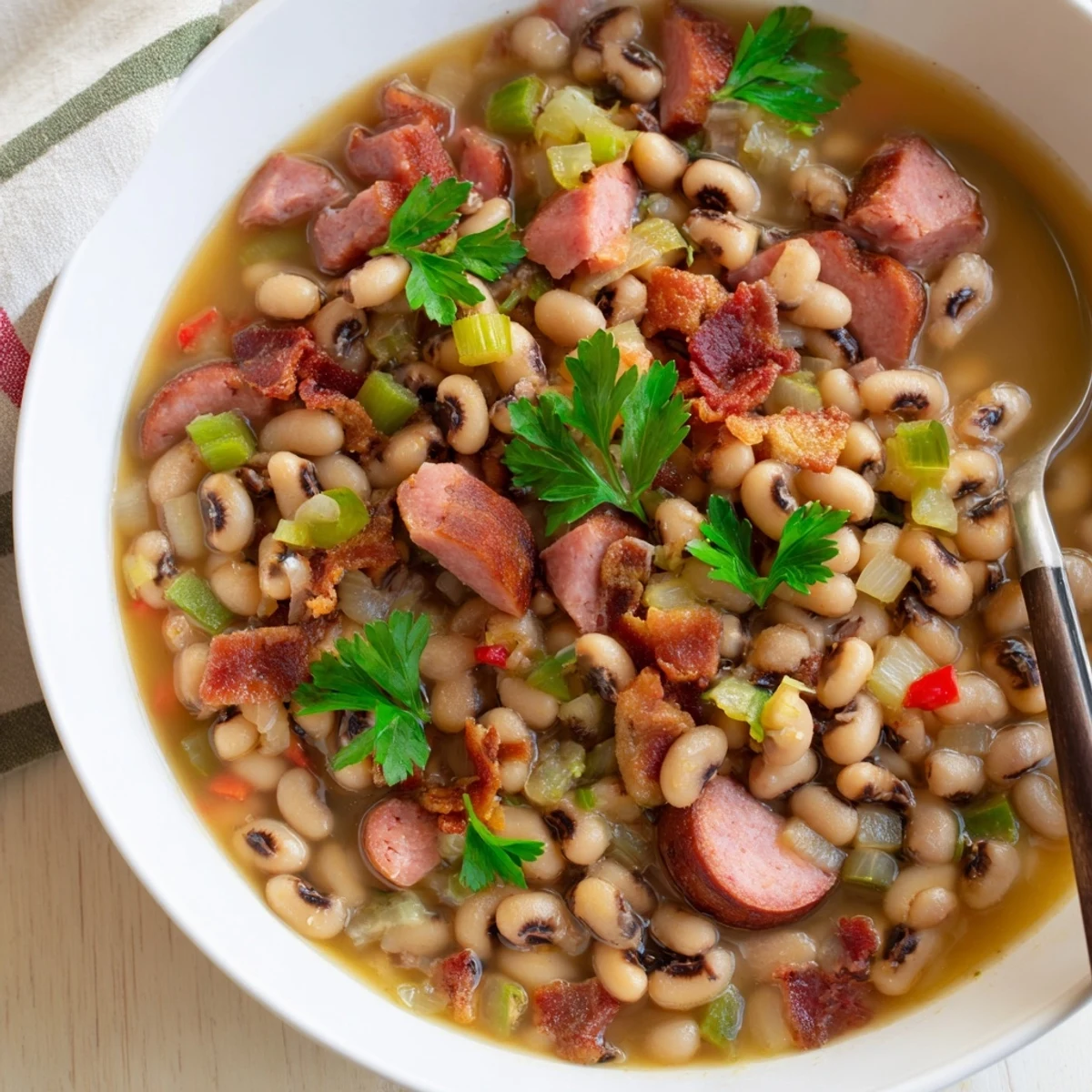 Close-up of slow-simmered Southern-Style Black-Eyed Peas, featuring tender peas, crispy bacon bits, and diced bell peppers in a rich broth.