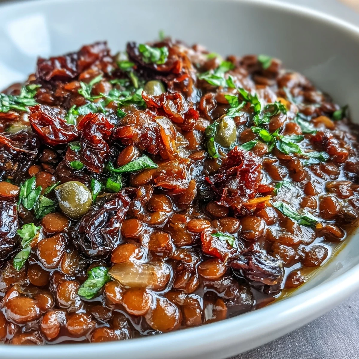 Rich Cuban-Inspired Lentil Picadillo, savory-sweet, with olives and raisins atop fluffy rice.