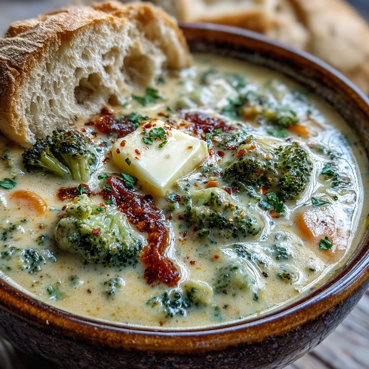 Thick homemade broccoli cheddar soup simmering in a pot with visible cheese strands.