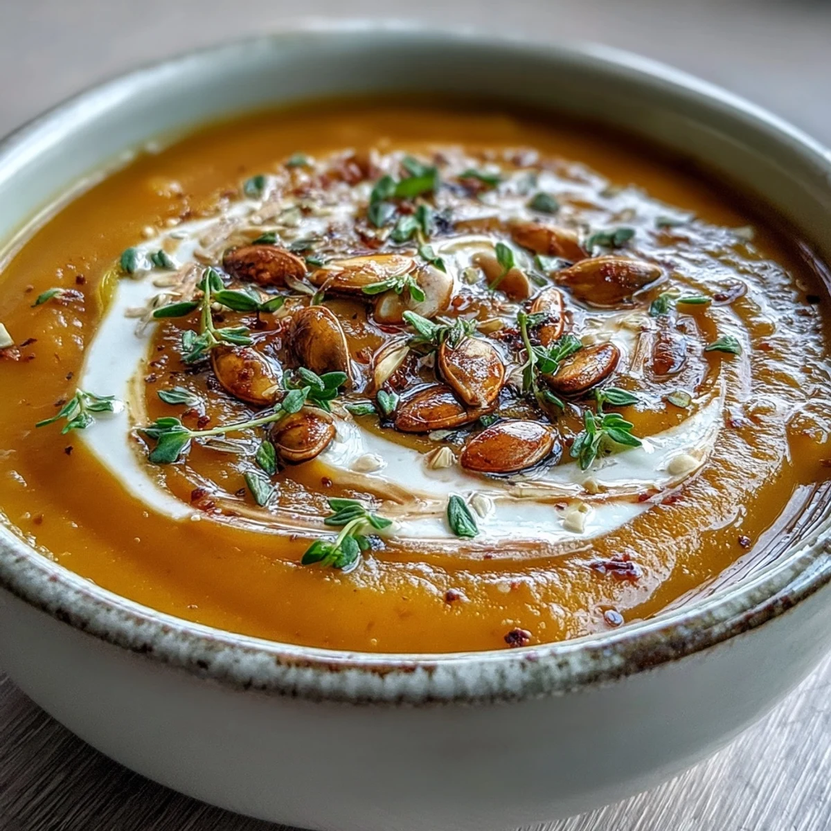 Creamy bowl of Butternut Squash and Apple Soup garnished with toasted pumpkin seeds and fresh thyme, served warm.