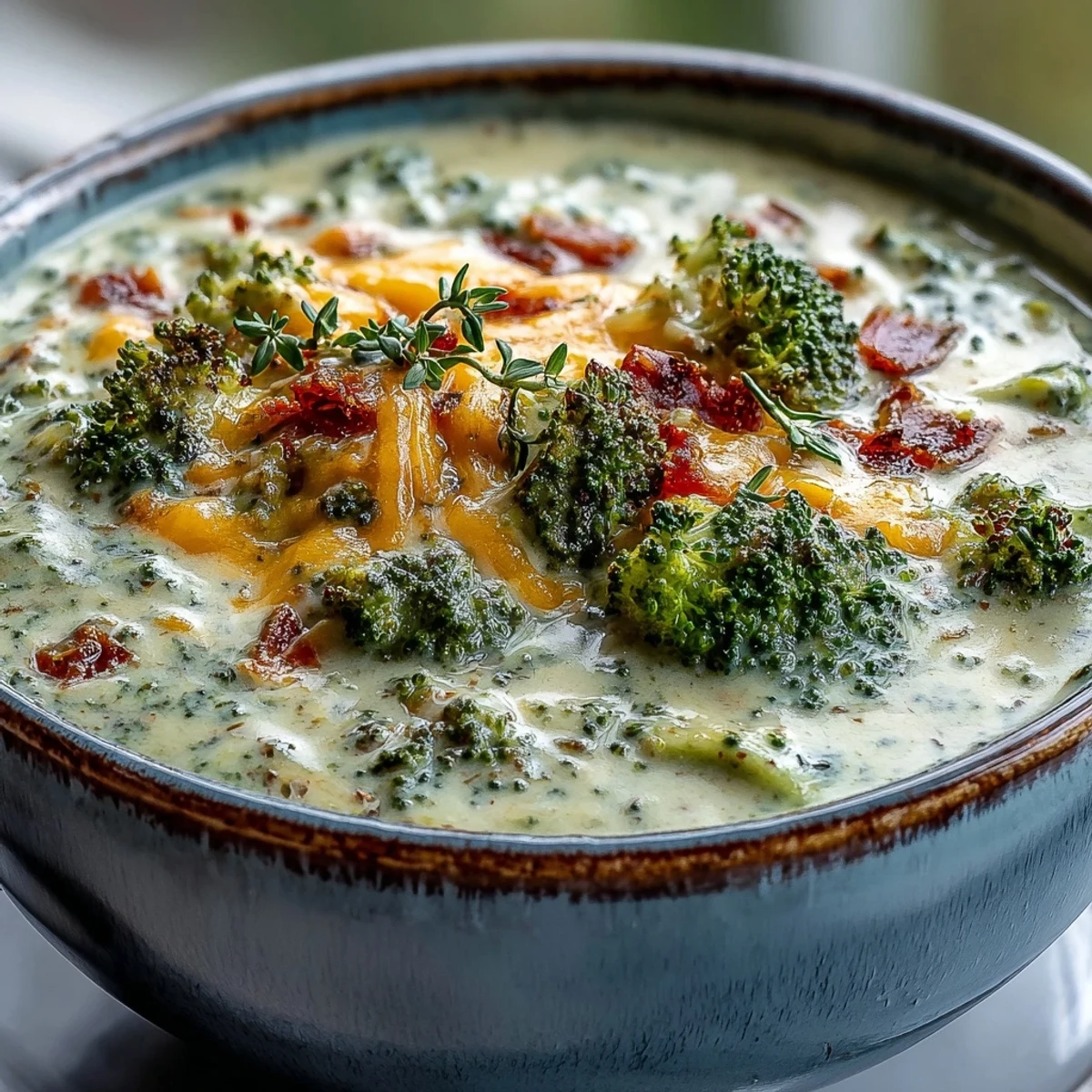 Close-up of creamy Roasted Broccoli Cheddar Soup in a white bowl, garnished with grated sharp cheddar. 
