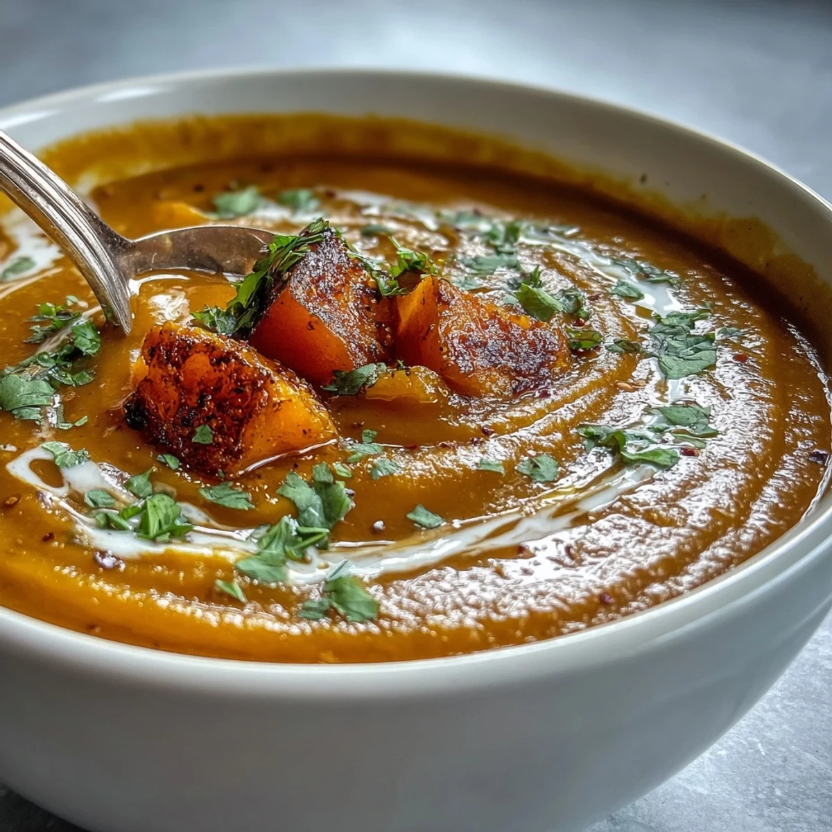 Golden, creamy Butternut Squash and Lentil Soup steaming in a white bowl, garnished with fresh cilantro and a coconut swirl.