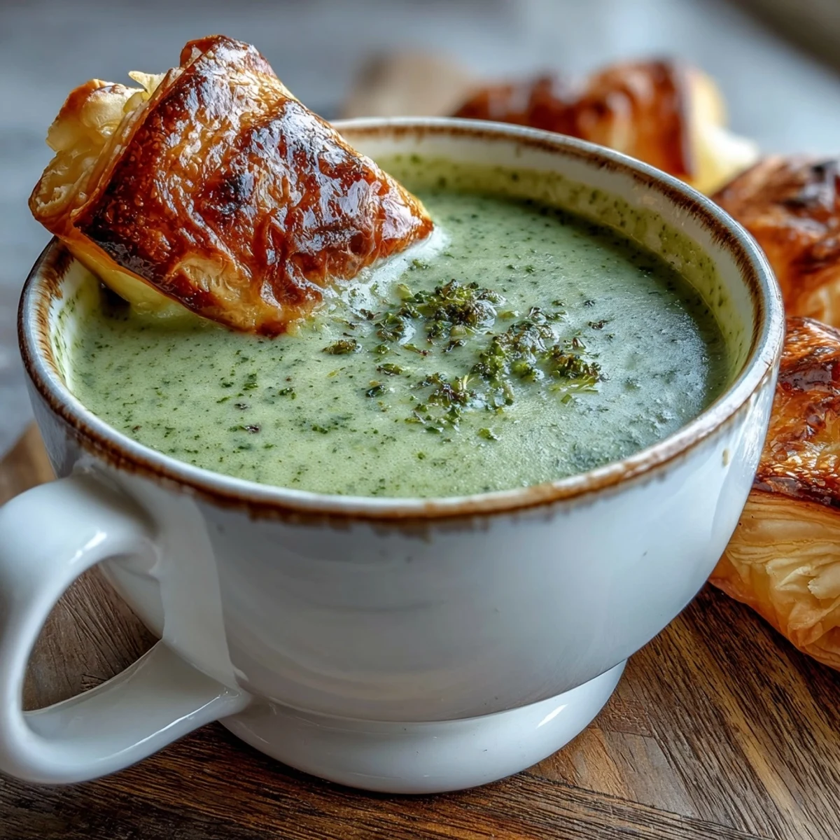 Close-up of a golden, flaky pastry filled with melted brie and cheddar, resting next to a bowl of creamy broccoli and butternut squash soup.