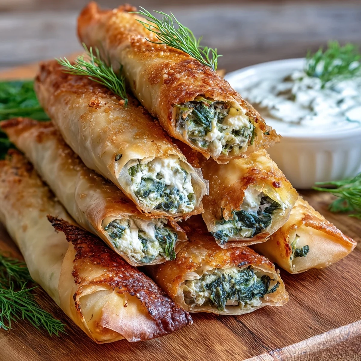 Freshly baked Spanakopita Spring Rolls are arranged neatly on a wooden board, garnished with dill, ready for dipping into a side of tzatziki.