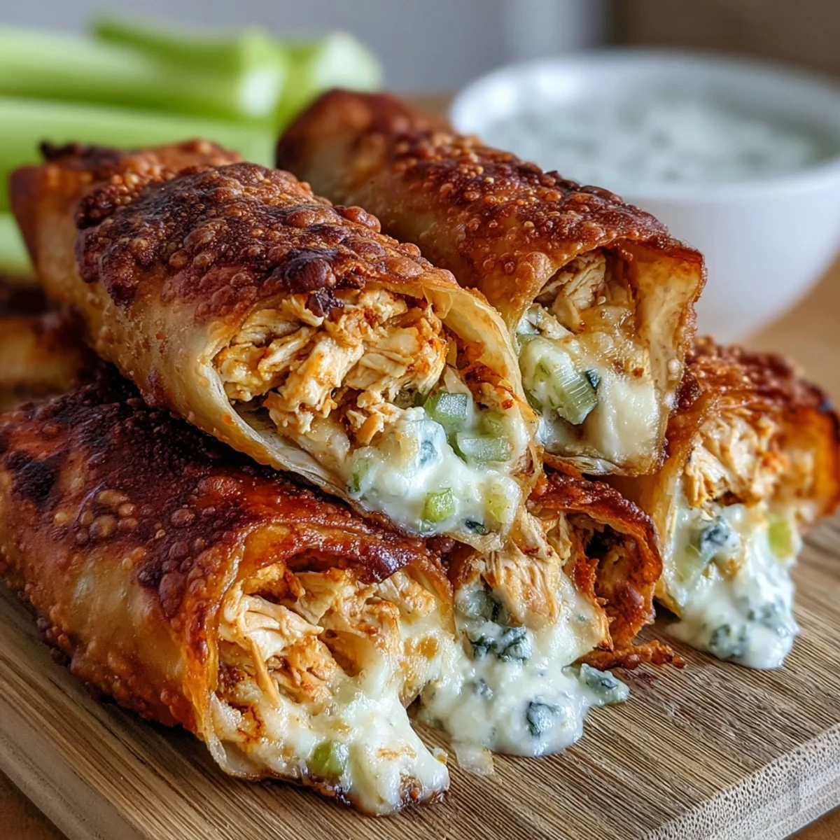 Crispy golden Buffalo Chicken Egg Rolls filled with spicy chicken, melted cheese, and crunchy veggies, served with ranch dip.