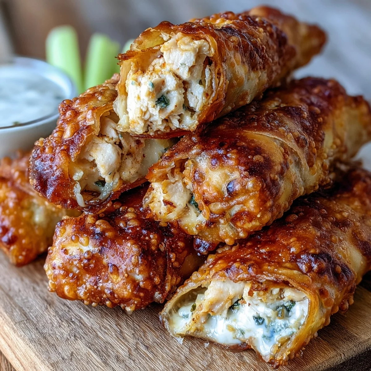 Golden-brown Buffalo Chicken Egg Rolls stacked on a plate, steam rising from the melted mozzarella and blue cheese filling.