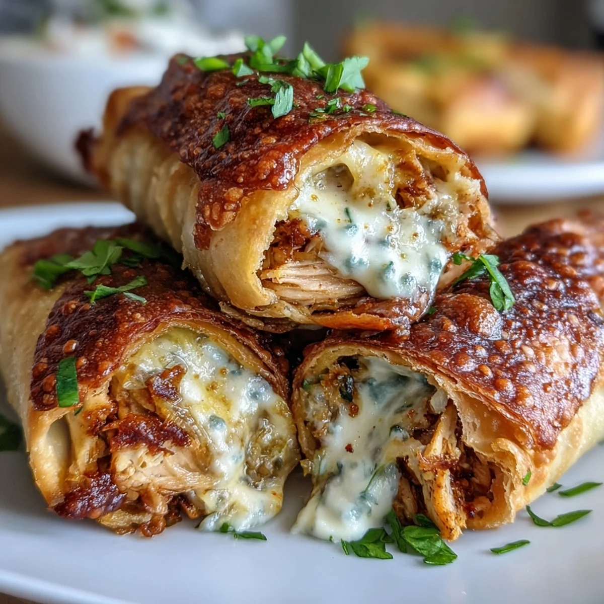 Golden-brown Mini Chicken Chimis arranged on a white plate, paired with a small bowl of green enchilada sauce for dipping.