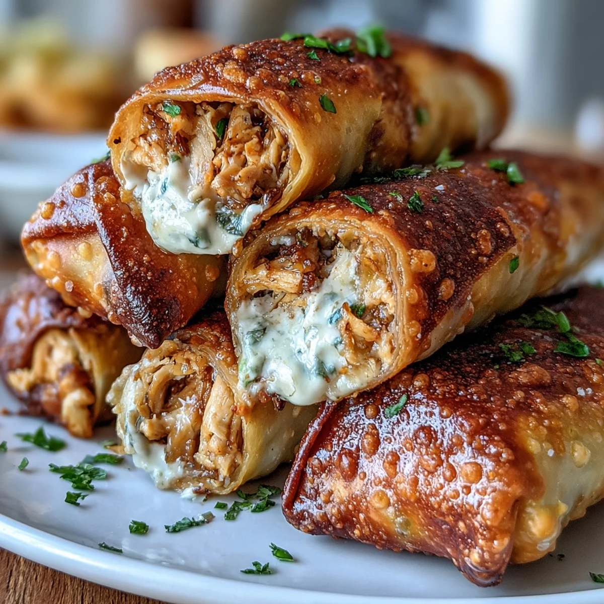 A close-up shot of crispy Mini Chicken Chimis, revealing a creamy jalapeño and shredded chicken filling.