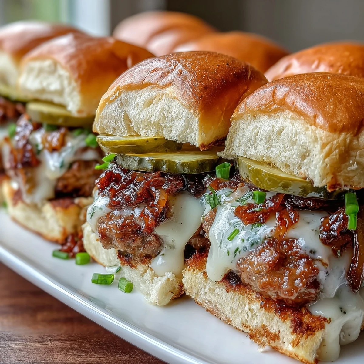 Golden-brown Touchdown Brat Sliders on a platter, featuring juicy brat patties, melted beer cheese, and caramelized onions peeking from soft buns.  