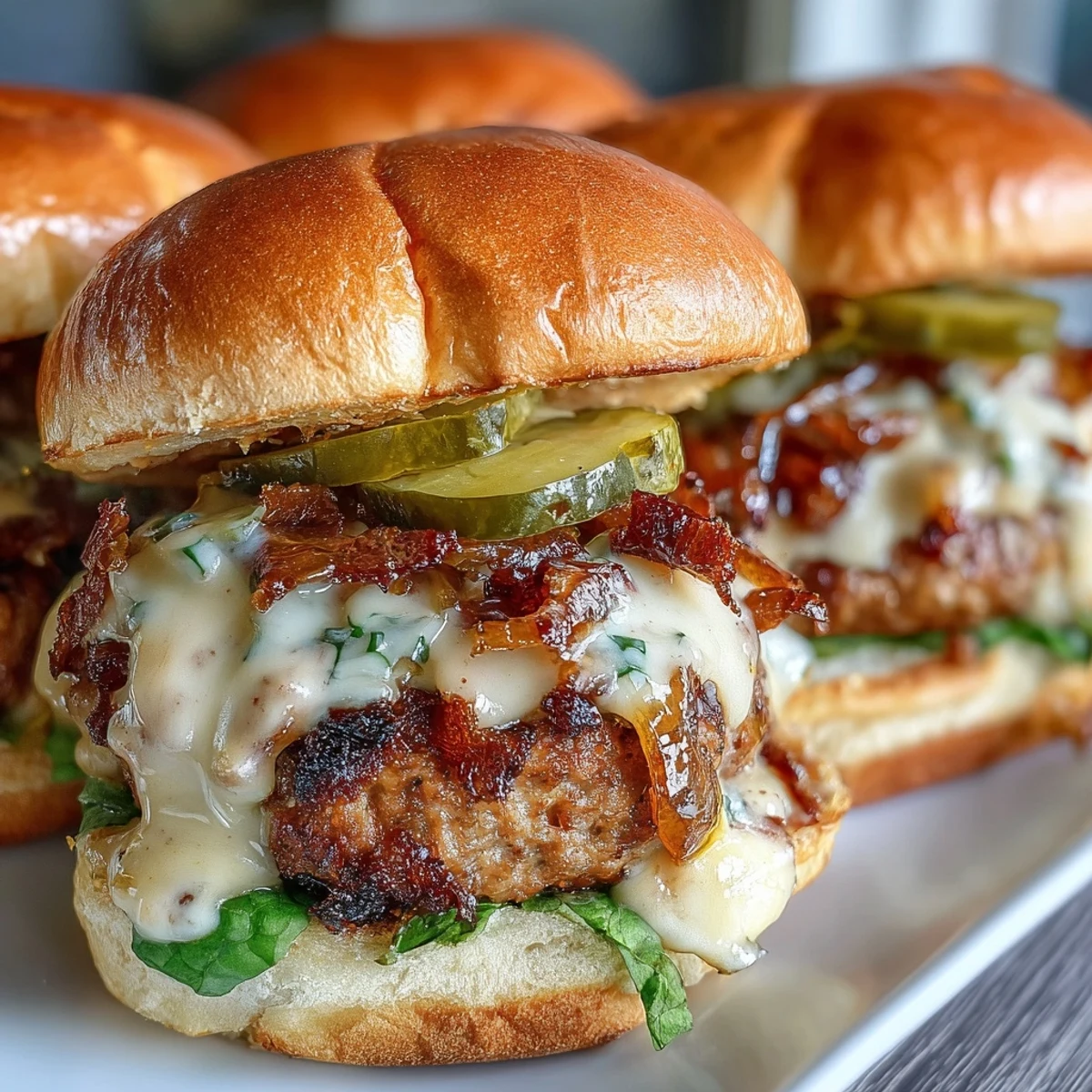 Platter of warm Touchdown Brat Sliders garnished with extra pickles, showcasing savory bratwurst patties and bubbly sharp cheddar cheese sauce.