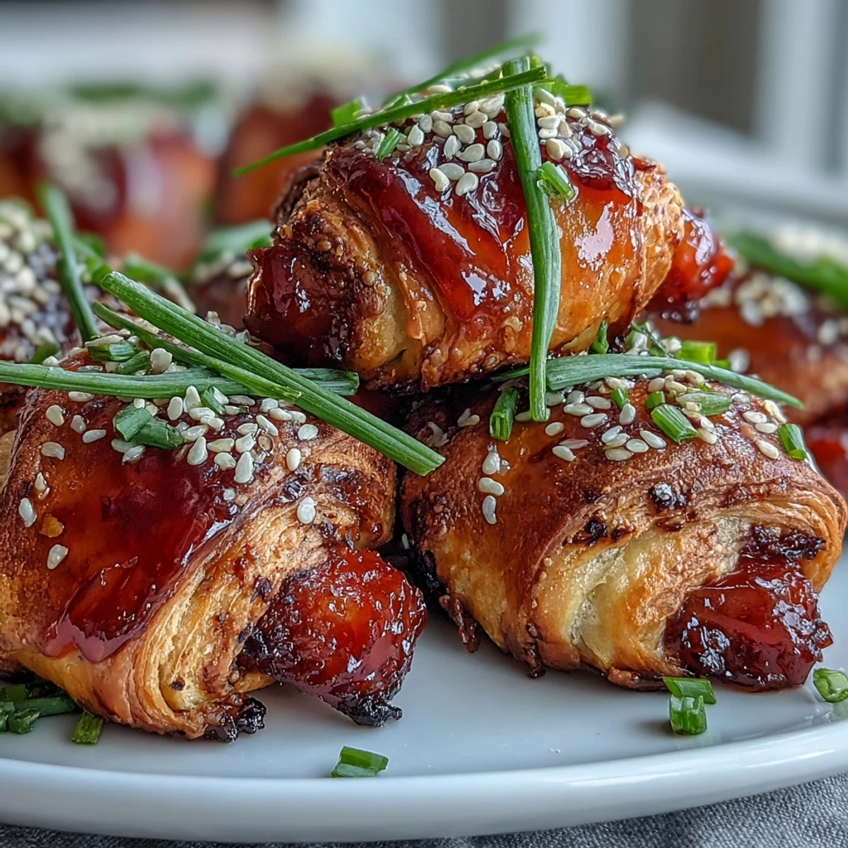 Savory Pepper Jelly Hogs in a Blanket served on a platter, garnished with fresh chives.
