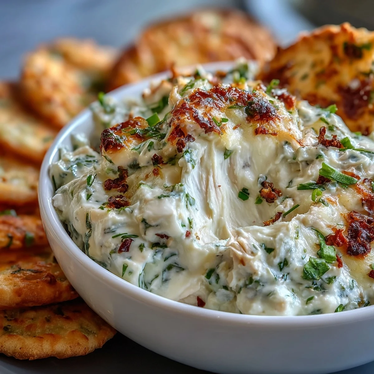 A close-up view of Cilantro and Lime Chicken With Scoops, featuring golden baked dip topped with fresh cilantro and lime wedges on a festive platter.