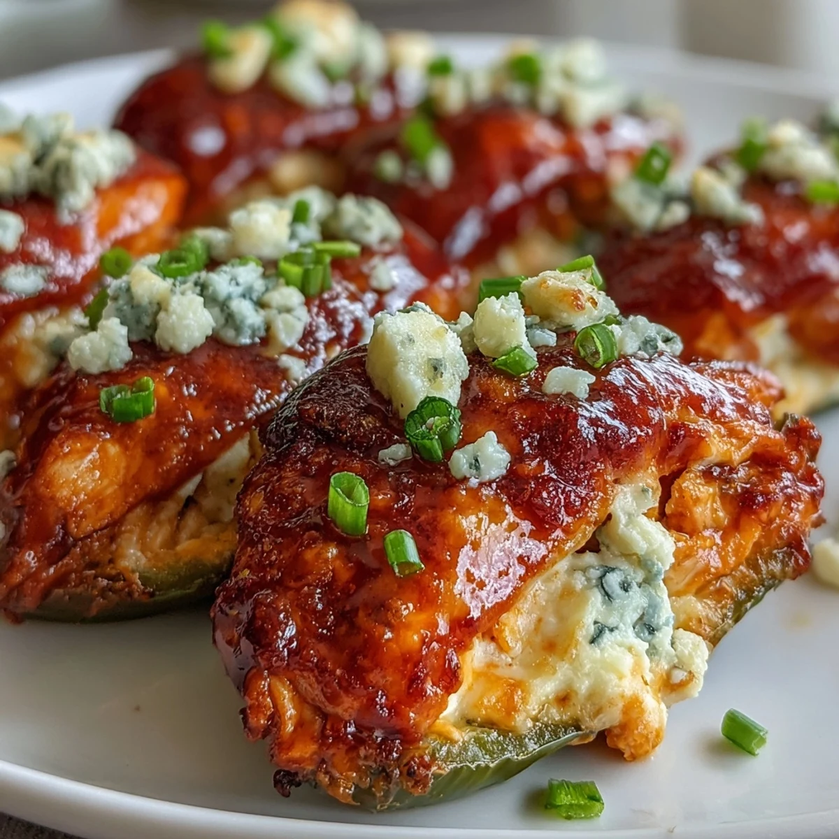 Spicy jalapeño halves filled with shredded chicken and creamy blue cheese, perfect for game day.
