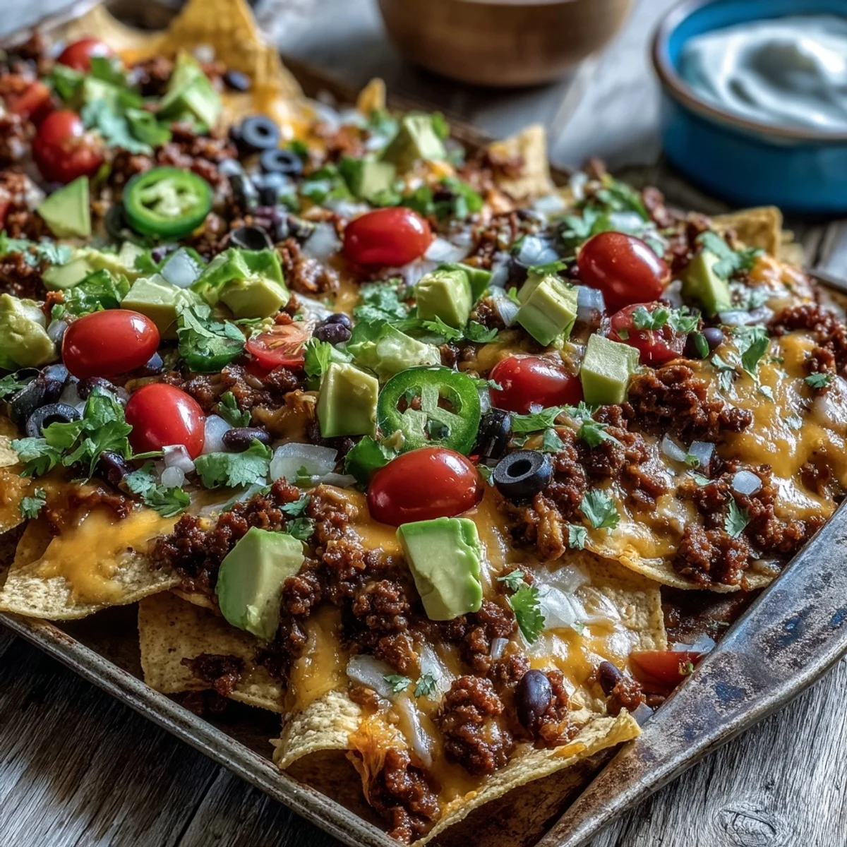 Crispy tortilla chips layered with savory beef and rich, bubbly cheese, finished with a colorful array of jalapeños, black beans, and fresh cilantro for a perfect party snack.