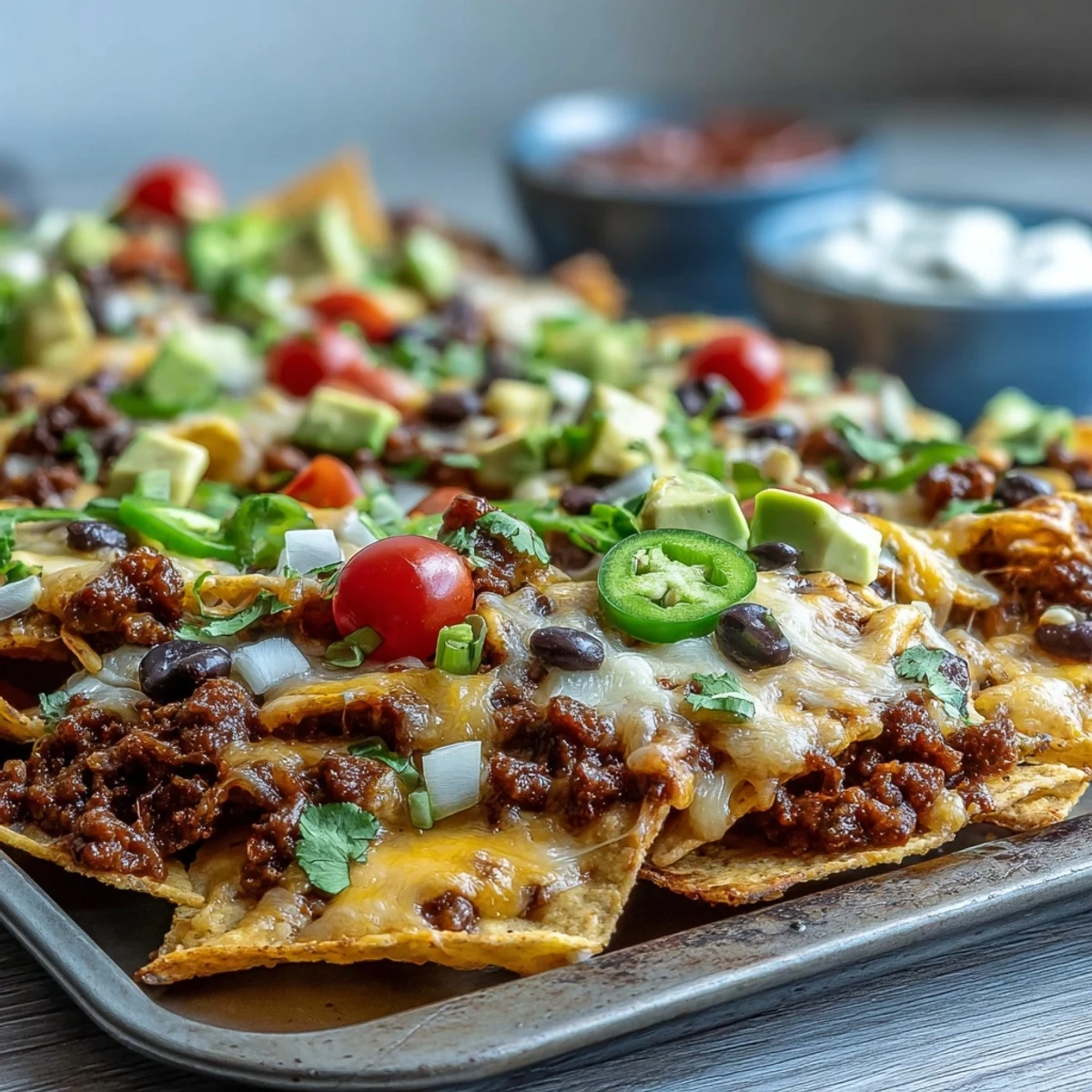 Golden baked nachos with melted cheddar and Monterey Jack cheese, seasoned ground beef, and fresh toppings like tomatoes, jalapeños, and avocado served on a platter.