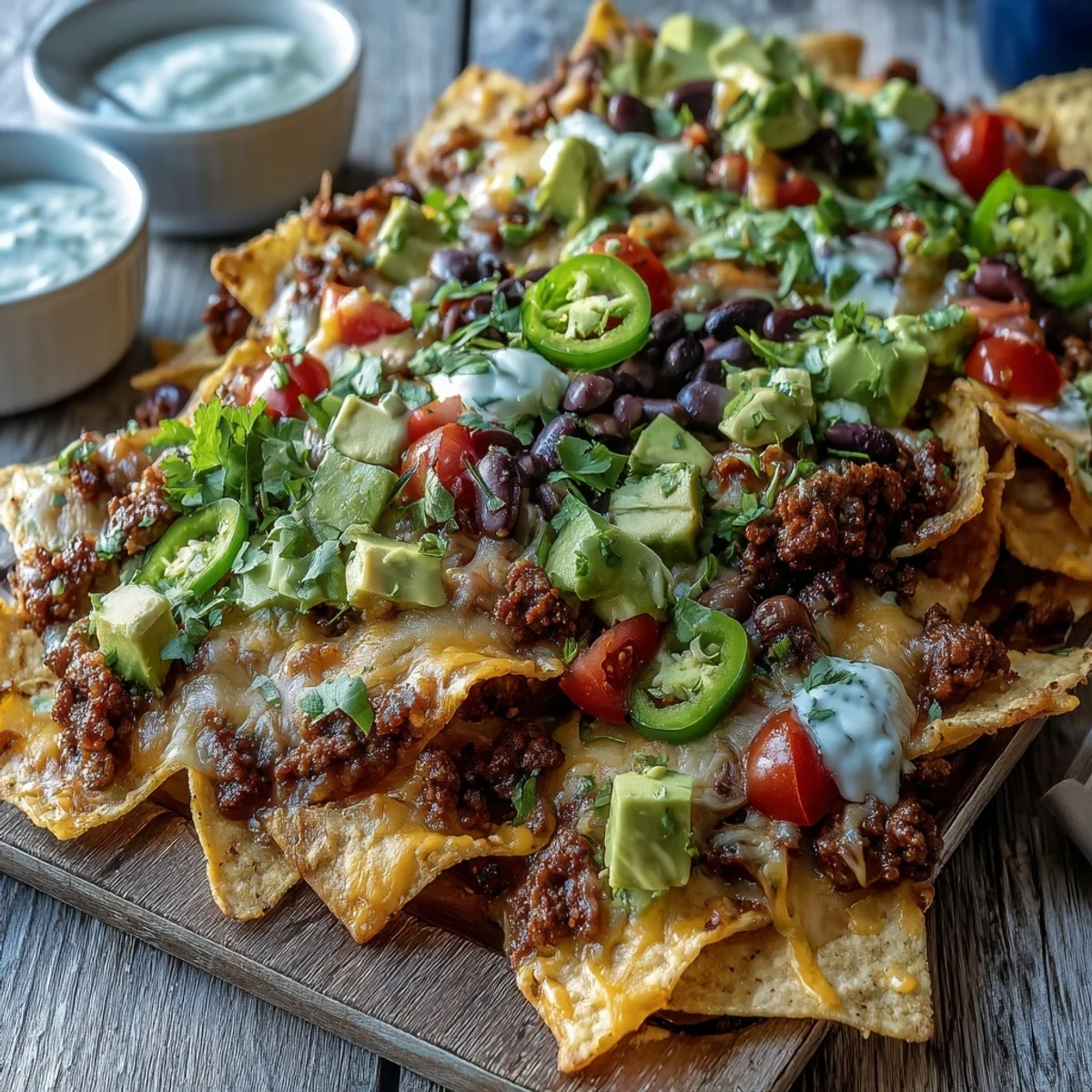A close-up of a hot plate of Tex-Mex nachos, featuring golden cheese, seasoned meat, and vibrant toppings like diced avocado, sour cream, and salsa, ready to be enjoyed.