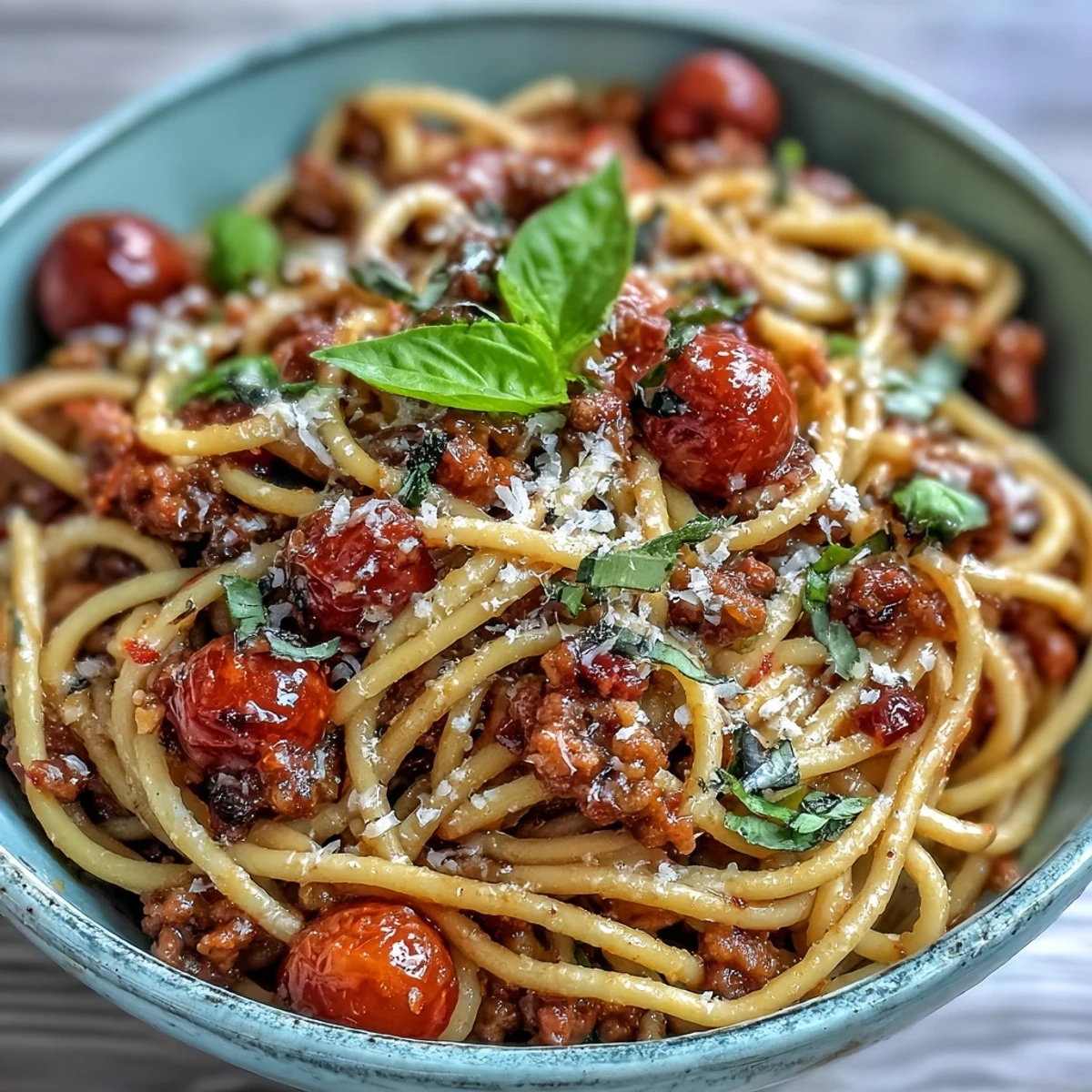 A close look at Italian Drunken Noodles tossed in a rich Chianti tomato sauce.