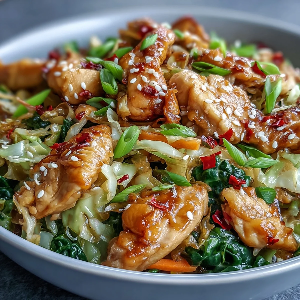 Sizzling skillet of Egg Roll Bowls with Chicken and Cabbage, garnished with sesame seeds and green onions.