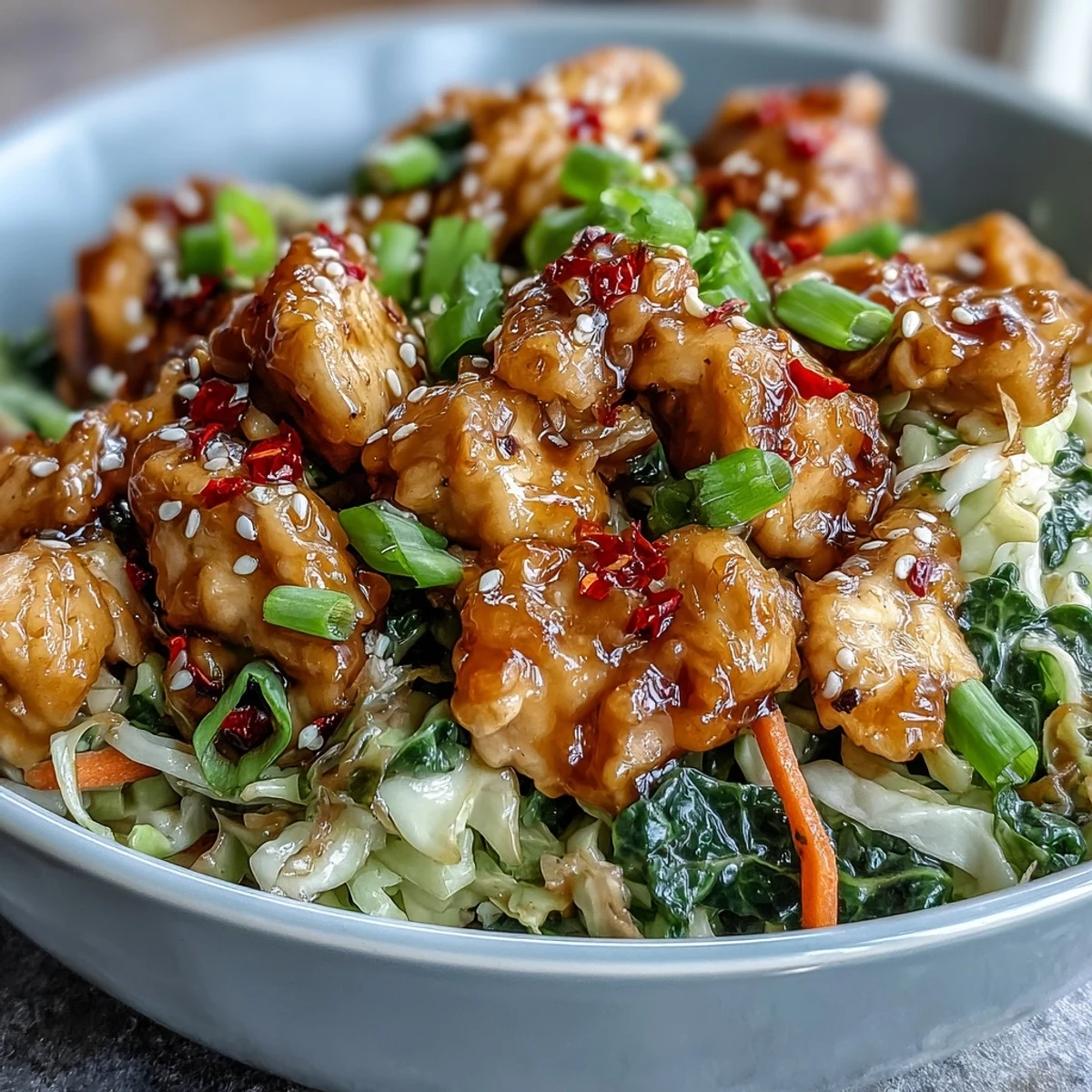 A close-up view of chopped chicken and cabbage cooking with aromatics before adding the savory sauce.