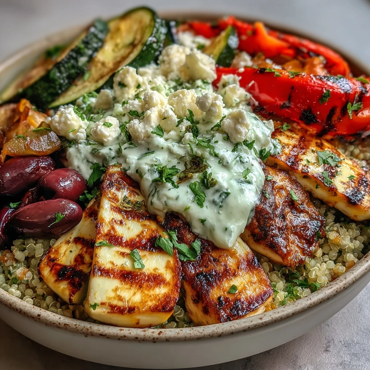Freshly grilled zucchini and bell peppers mingle with juicy sliced chicken over fluffy quinoa in this vibrant bowl.