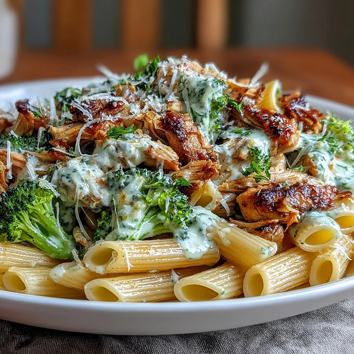 Bright green broccoli florets and tender shredded rotisserie chicken coated in creamy Greek yogurt sauce over whole-wheat penne.