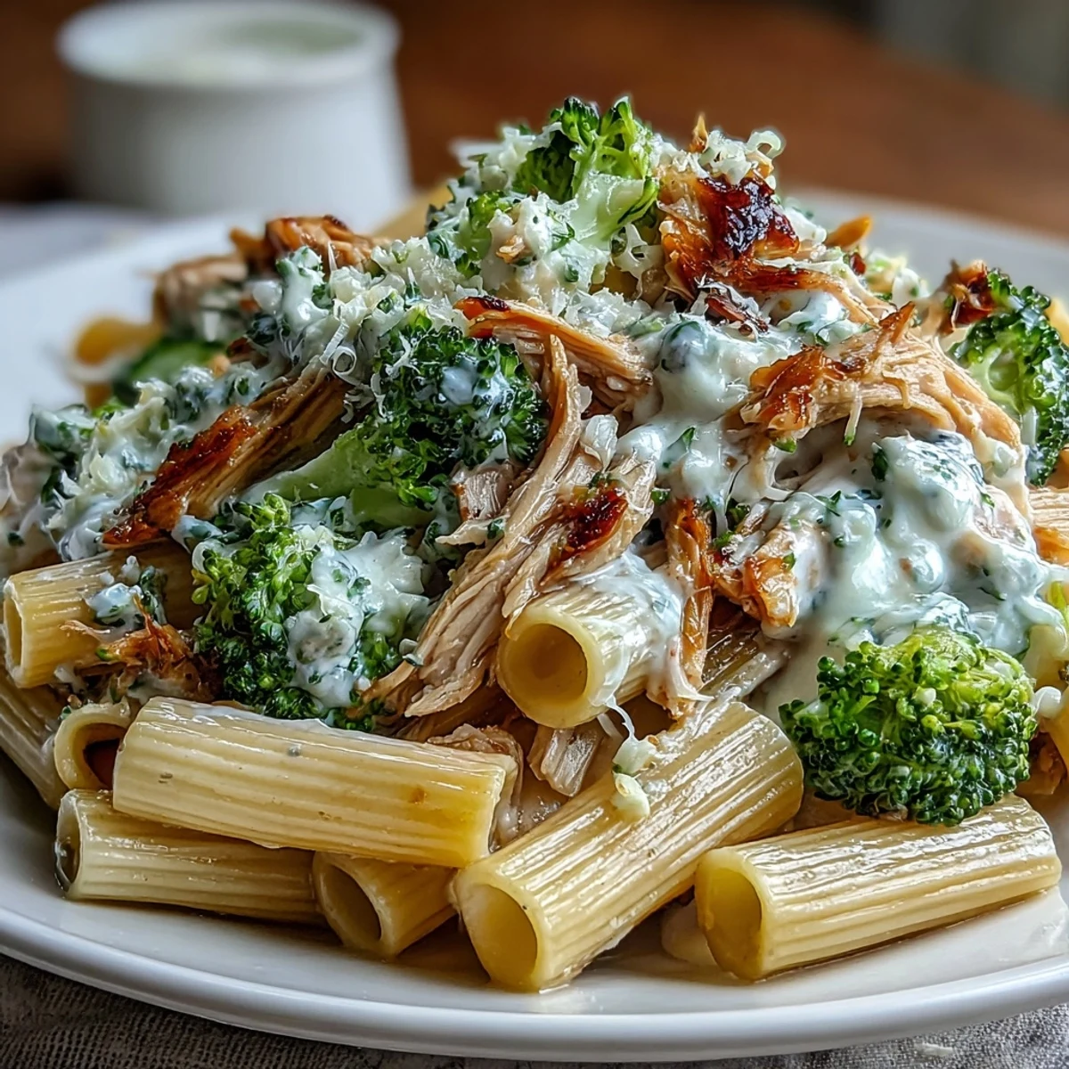 Garlic and lemon-scented skillet dish featuring juicy chicken, al dente pasta, and bright broccoli tossed in a silky yogurt sauce.