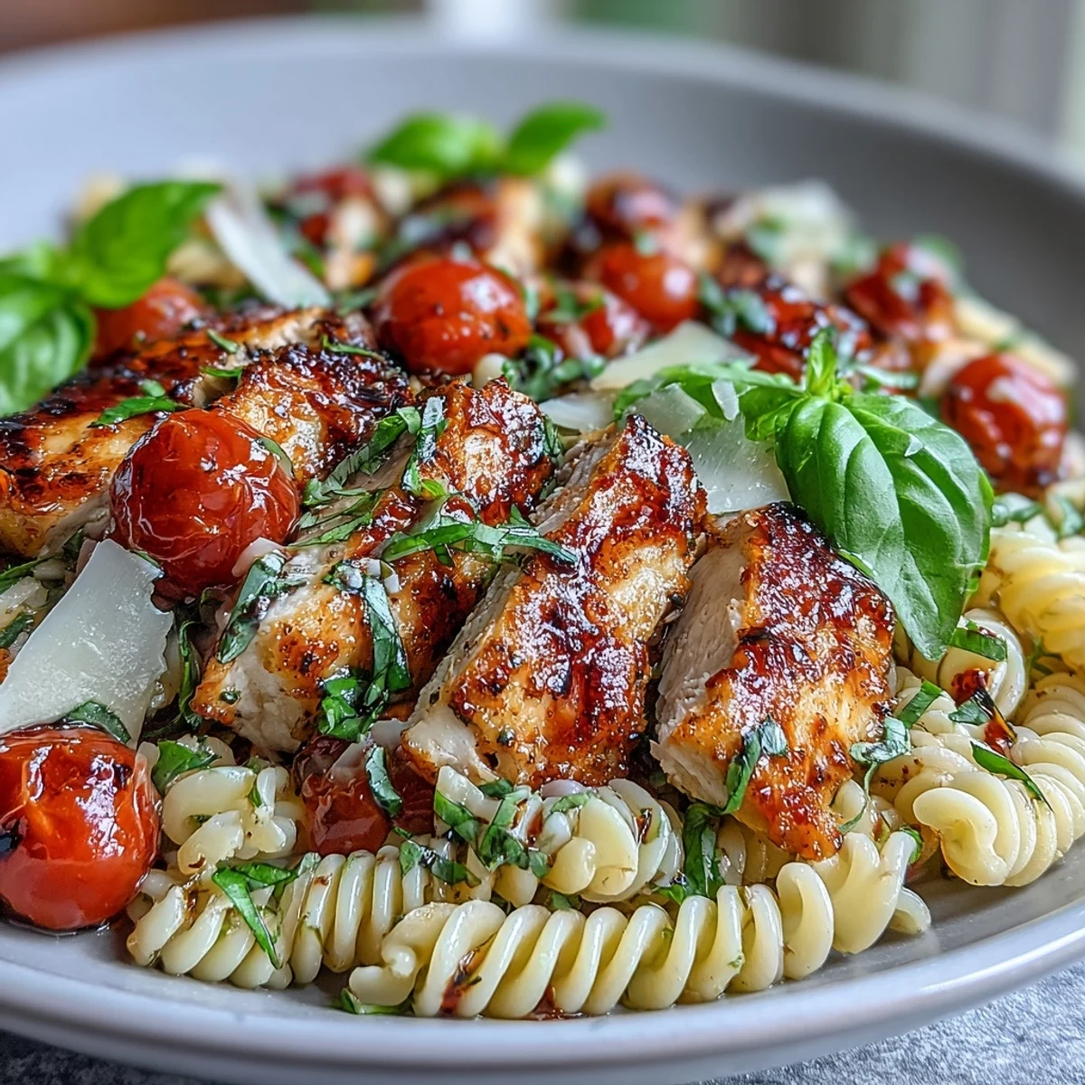 Sliced golden-seared chicken and penne pasta tossed with juicy cherry tomatoes, fresh mozzarella, basil, and a drizzle of balsamic in a skillet.